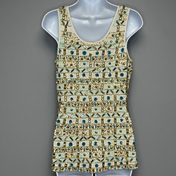 Boston Proper Gold Aqua Gem Embellished Beach Wedding Guest Tank Womens Sz S - Picture 2 of 7